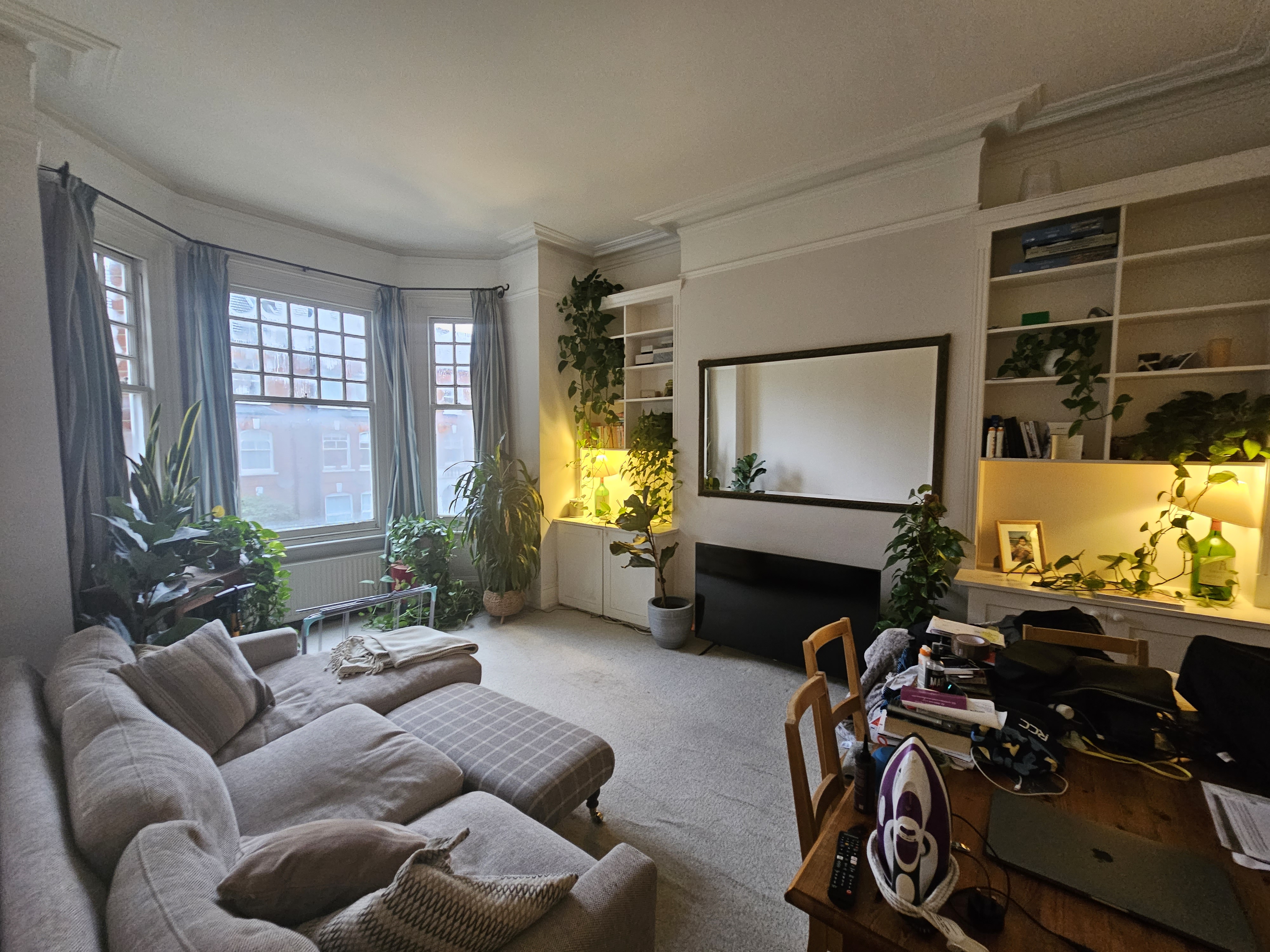 Professional living room painting with built-in shelving